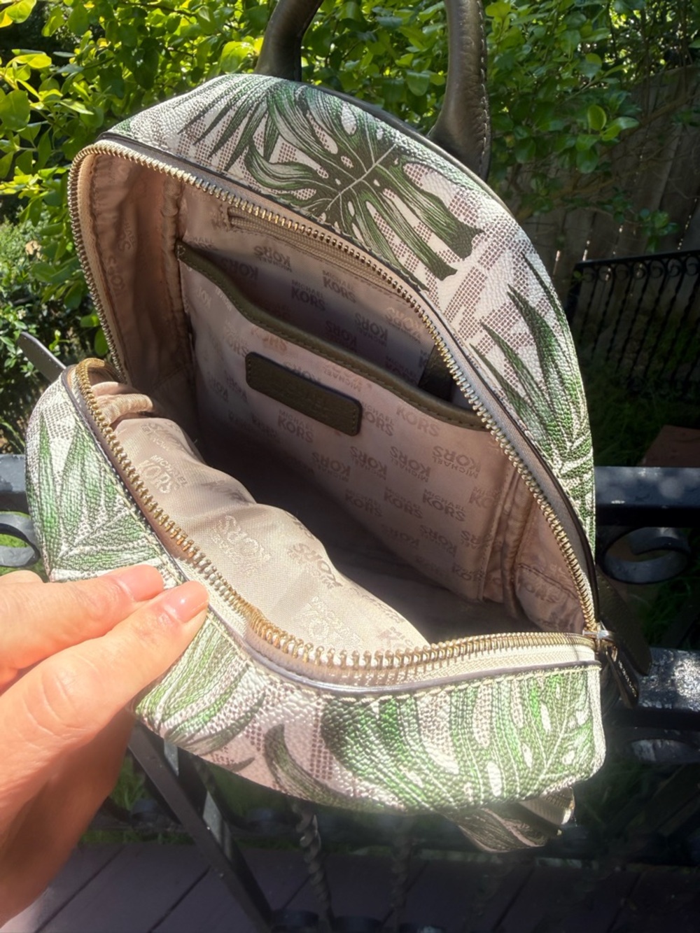 Michael Kors Green Leaf Print Backpack - Picture 3 of 3